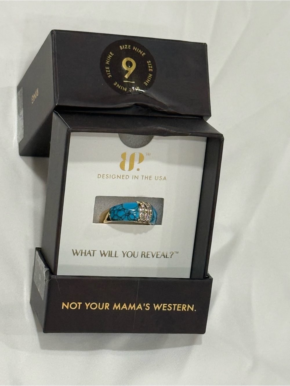 Gold-Tone Turquoise Inlay Ring with Clear Accents - Picture 4 of 7